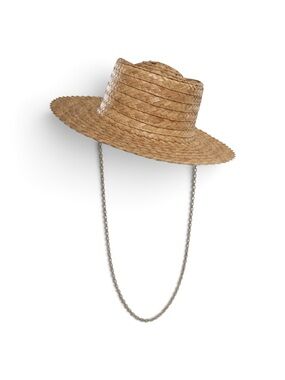 Zara Natural Straw Boater Hat with Gold Chain